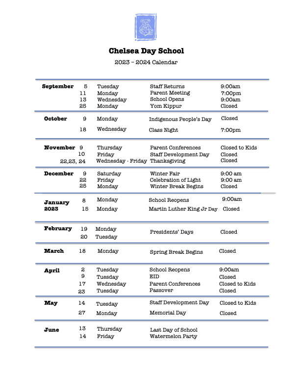 Calendar Chelsea Day School